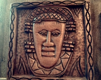Impressive AFRICAN TRIBE CARVED Wooden Bas Relief Story-board, Vintage & Damatic Mid-century Primitive African Head Wall Panel
