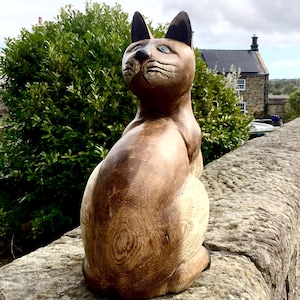 Extra grote 40 cm vintage handgesneden houten LEVENSGROOTTE SIAMESE kattensculptuur gemaakt in Thailand / perfect cadeau voor kattenliefhebber