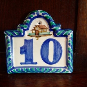 Number 10 Hand-painted MEDITERRANEAN CERAMIC ADDRESS Tile, Hand-made Rustic &#39;Number 10&#39; House Plaque, One-of-a-kind Wedding/Anniversary Gift