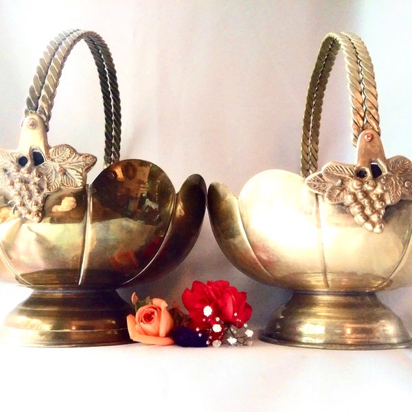 Pair Of Large Vintage ENGLISH BRASS BASKETS, Scalloped Rim Ornamental Bowls, Grapevine Embellished Fruit Bowls