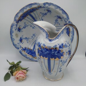 Magnificent French SÈVRES STYLE Ewer & Bowl / Art Nouveau Pitcher and Basin with Spurious Sevres Stamp / For Lovers of Blue White China image 7
