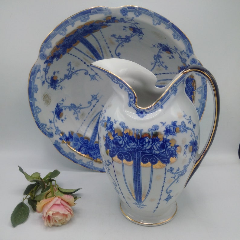 Magnificent French SÈVRES STYLE Ewer & Bowl / Art Nouveau Pitcher and Basin with Spurious Sevres Stamp / For Lovers of Blue White China image 7