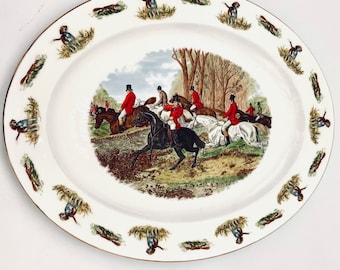 Enorm! 40 cm TALLY-HO! NEDERLANDS Horse & Hounds-vleesbord, indrukwekkende serveerschaal met jagersscène, vossenjacht-display voor verzamelobjecten
