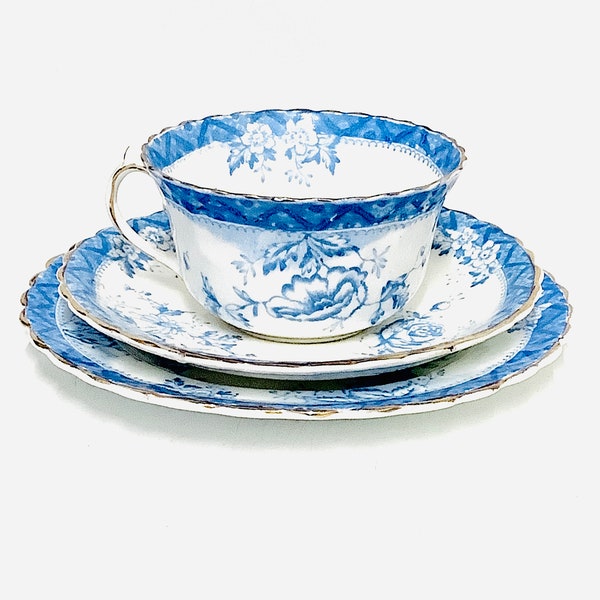125 Years Old Antique Taylor & Kent Longton, England Bone China Tea Cup Trio in Rare Blue Rose Pattern / Victorian English Afternoon Tea
