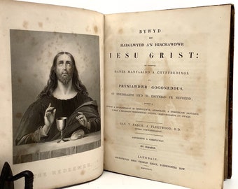 BYWYD CRIST Iesu Grist ~ Vie de Jésus-Christ (1849) entièrement écrit en langue galloise avec inscription et étiquette de libraire rare