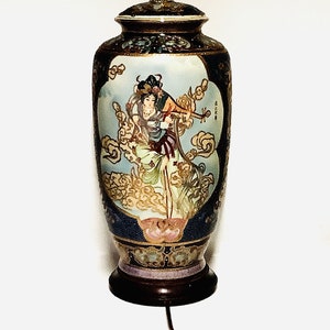 An Impressive & Very Tall 50cm Table Lamp Converted From an Early 20th Century Japanese Satsuma Vase with Figures and Relief Decoration
