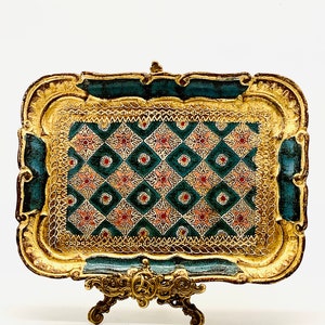 A Beautiful ITALIAN FLORENTINE HARLEQUIN Pattern Tray in Shades of Teal, Gold & Red