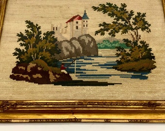 Victorian French 19th century Cross Stitch Under Glass in an Antique Gesso Frame / Embroidered Artwork Depicting a Pastoral Scene