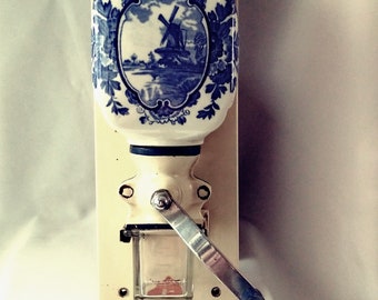 Rare Label Hand Crank DELFT COFFEE GRINDER made for The Algerian Coffee Stores in London / Blue White Kitchenalia / Wall Mounted Coffee Mill