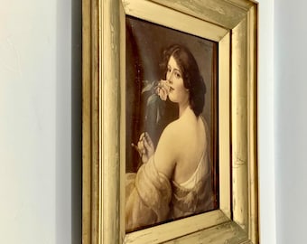 WILHELM MENZLER German CRYSTOLEUM Picture ‘Girl with Rose’ Signed and Dated 1905 in its Original Gilt Frame Behind Concave Glass