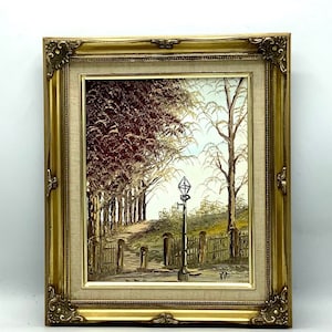 Pintura al óleo inglesa original &#39;Path Through The Park&#39; de Peter Freeman (Firmado) dentro de un marco de madera Gold Gesso