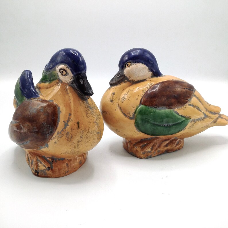 Pu&ograve; includere: Due statuine di anatra in ceramica con dettagli dipinti in marrone, verde e blu. Le anatre sono rivolte in direzioni diverse e hanno un aspetto usurato e vintage.