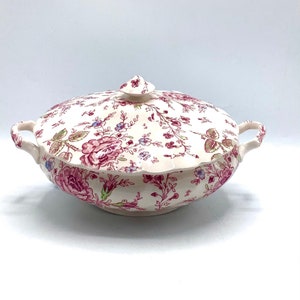 Superb! Johnson Brothers ROSE CHINTZ TUREEN made in England / Pink Chintz Tableware / Vintage Floral Ceramic Serving Dish