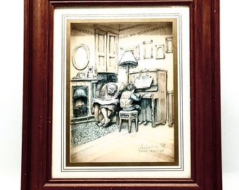 Découpage “Piano Practice” Dated 1989 Signed by the Artist Margaret Clarkson / Whimsical 3D Framed Wall Hanging by Yorkshire Artist