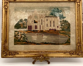 Beautiful French Antique 19th century Hand-Worked Cross Stitch Tapestry in Original Gesso Wood Frame