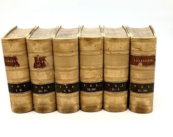 COMPLETE WORKS of SHAKSPERE (William Shakespeare) Published 1856 in 12 Volumes ~ Six Book Set ~ Leather Covers / Gift for Lovers of The Bard