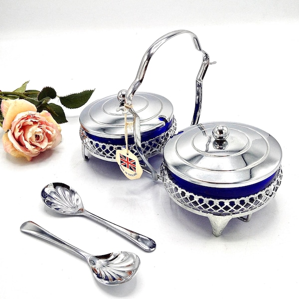 As New! With Tags! Mid-century Mayell England Preserves Set with Stand / Perfect Cobalt Blue & Silver-plated Afternoon Tea Accompaniments
