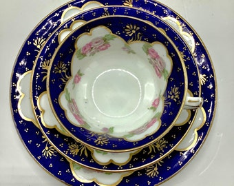 Royal Sutherland Blue, White, Pink & Gold Trio / Floral Staffordshire Tea Time Set / Romantic Gift for Her / Downton Abbey Afternoon Tea