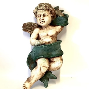 Large 28cm Italian Wall-Hanging Winged Plaster Cherub / Recumbent Vintage Stone Angel / Cherub Statue / Religious Decor / Flying Angel
