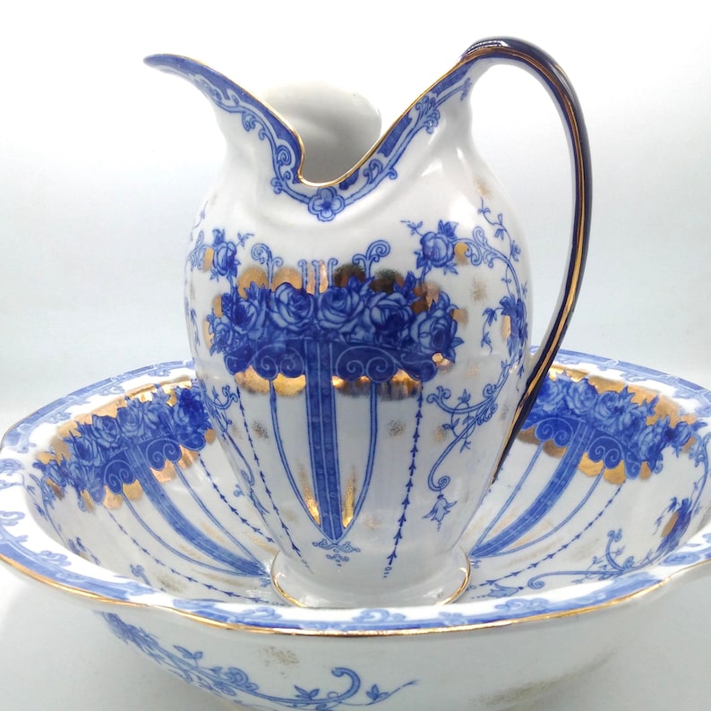 Magnificent French SÈVRES STYLE Ewer & Bowl / Art Nouveau Pitcher and Basin with Spurious Sevres Stamp / For Lovers of Blue White China image 8