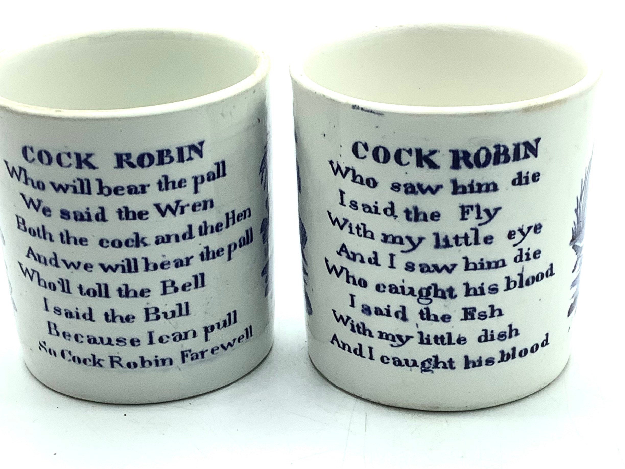 A Fine Pair of English Nursery Cups with “Who Killed Cock Robin” Verses made by Adams Pottery Staffordshire / Love Your Blue and White