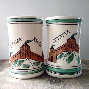 GOTHIC TRANSYLVANIA CASTLE Ceramic Beer Steins, Romanian &quot;Cetatea Risnov&quot; Pair of Pitchers, Ideal Gift For Dracula Lover
