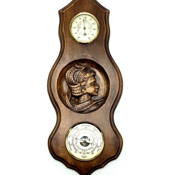French Hand Carved Wood Barometer by Barostar / Dual Thermometer Weather Station with Central Carved Cameo of a Young Woman