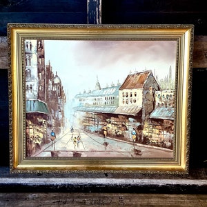 Modernes Gemälde aus der Mitte des Jahrhunderts auf Leinwand, vom Künstler signiert (möglicherweise eine Pariser Szene)