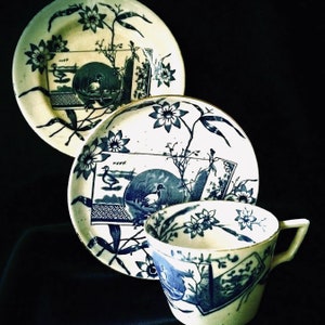 Very Rare ENGLISH 19th Century EDGE MALKIN &#39;Tunis&#39; Blue & White Trio, Flow Blue 1800&#39;s Burslem Staffordshire Pottery, Gift For Collector