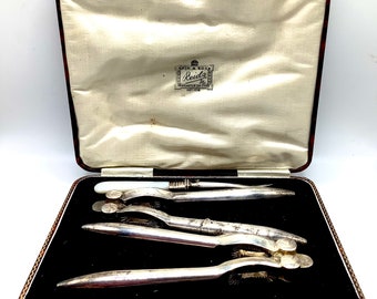 Antique Lobster Cracker Set with Sterling Silver & Mother of Pearl Handle Picker by Harrison Brothers (Sheffield) in Reid’s Goldsmith Case