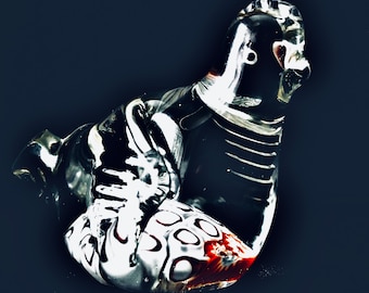 Könnte beinhalten: Eine Glasvogelfigur mit schwarzen und weißen Streifen und roten Akzenten. Der Vogel sitzt auf dem Bauch mit zusammengefalteten Flügeln.
