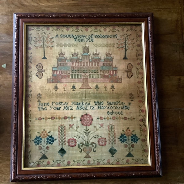 Vintage Victorian Sampler Print Professionally Mounted under Glass within a High Quality Antique Frame