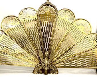 Solid Brass ART NOUVEAU PEACOCK Tail Fire Screen, Fabulous Fan Shape Screen with Gargoyle, Early Century Phoenix Metal Fire Guard