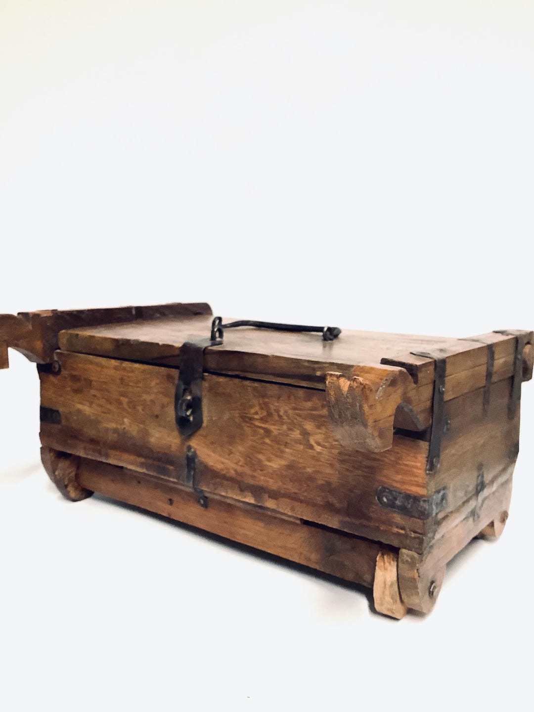 An Unusual Wooden Lidded Box With Side Shafts & Wooden Wheels Fastened ...