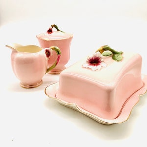 Perfectly Pink ROYAL WINTON “PETUNIA” Art Deco Breakfast Set;  Butter Dish, Creamer, Under-Plate  & Sugar Bowl