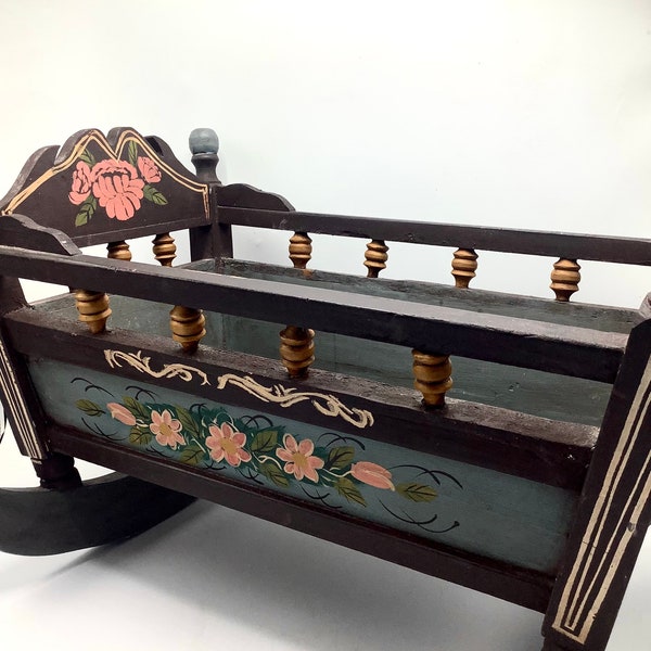 Beautiful Hand-painted Folk Art Wooden Rocking Cradle / Larger Size Doll’s Crib / Hand-made Pine Furniture for Dolls or Teddies & Plush Toys