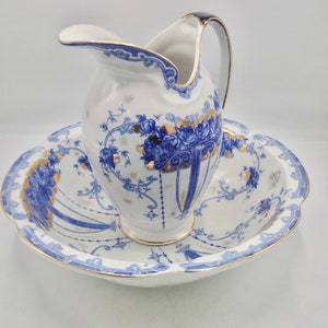 Magnificent French SÈVRES STYLE Ewer & Bowl / Art Nouveau Pitcher and Basin with Spurious Sevres Stamp / For Lovers of Blue White China image 2