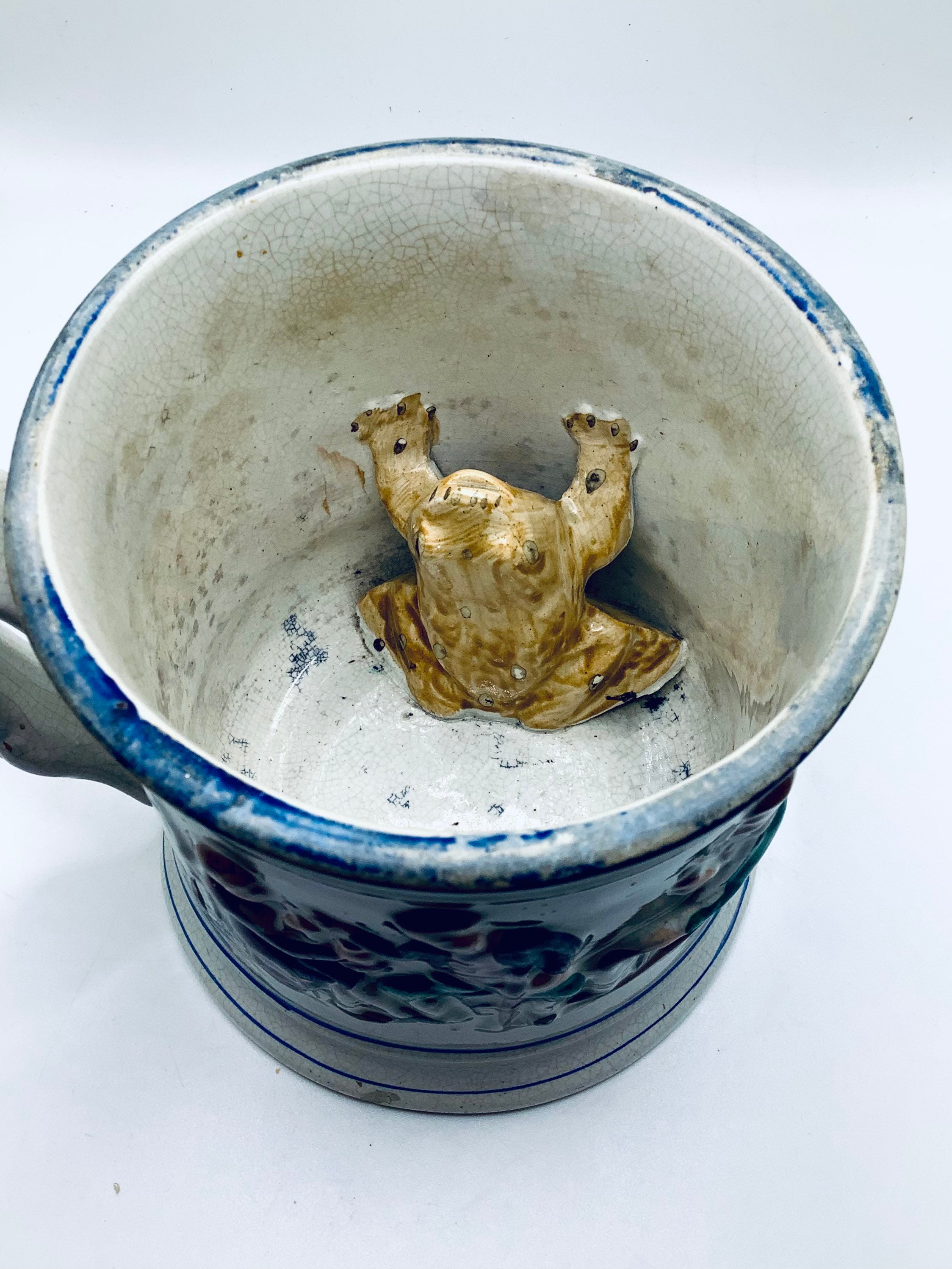 Creepy 19th Century Staffordshire HIDDEN FROG TANKARD / Antique surprise Cup  / Downton Abbey / Victorian Secret Frog Vessel 