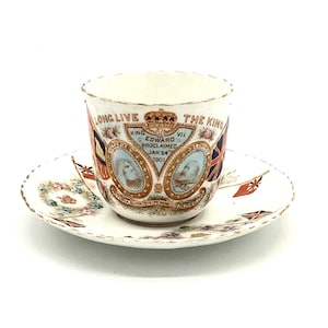 Very Rare “LONG LIVE The KING” Cup & Saucer Featuring Queen Victoria and her Son, King Edward Vll made by W. Lowe of Staffordshire England
