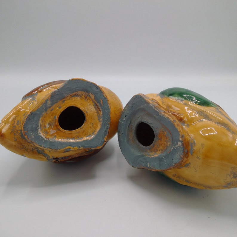 Pu&ograve; includere: Due figurine in ceramica a forma di uccelli. Gli uccelli sono gialli, marroni e verdi con una finitura smaltata. Gli uccelli hanno un foro sul fondo, il che suggerisce che potrebbero essere usati come saliere e pepiere.