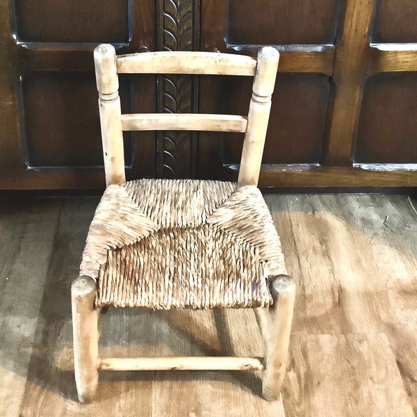 18th Century Children’s Wooden Chair & Original Rush Seat / English Antique Nursery Furniture / Antique Rustic English Stool