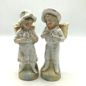 Perfect! A Fine Pair of Antique Heubach Boy & Girl Porcelain Spill Vases / 19th century German Figurines / Victorian Cabinet Display Pieces