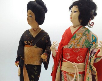 Beautiful Tall 33cm Vintage Cloth Geisha Dolls / 2 Japanese Costume Figures / Collectible Far Eastern Fabric Figurines / Kimono Dress Dolls