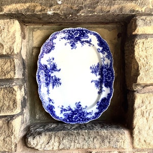 Puede incluir: Un plato ovalado para servir azul y blanco con un diseño floral. El plato está hecho de cerámica y tiene un borde festoneado.