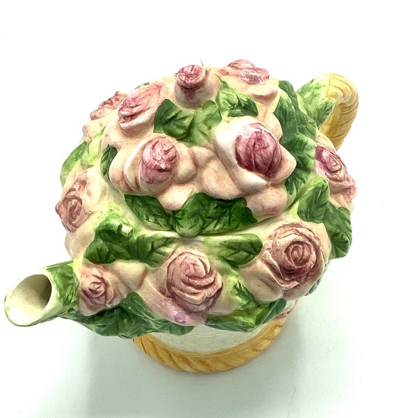 Stunning Vintage Teapot Decorated with Majolica Roses / Romantic Tea Time Tableware / Collectible Mid-century Teapot