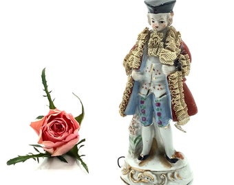 COLONIAL GENTLEMAN PORCELAIN Retractable Tape Measure with Lace Detail (Germany) 19th Century Haberdashery Accessory in Fine Condition