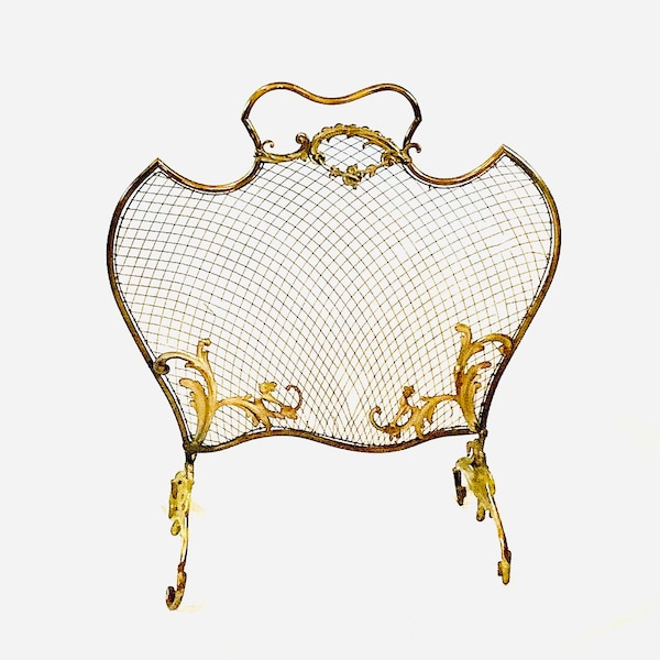 A Fine Quality Late 19th Century French Ormolu Rococo Art Nouveau Free-Standing Brass Screen Decorated with Mesh & Scrolled Foliage