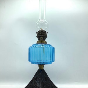 Tall and Impressive Victorian Oil Lamp with Blue Glass Font / Romantic Lamplight / Downton Abbey Decor / Antique Lamplight