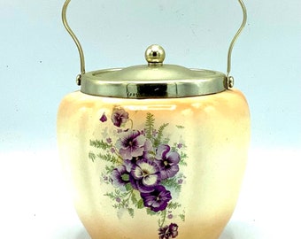 STAFFORDSHIRE Floral Pansy Teedose von CROWN DEVON Fieldings / Antikes englisches Keksfass / Downton Abtei Dekor