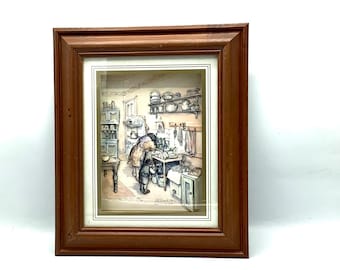 Découpage “Doing the Dishes” Signed and Dated (1989) by the Artist Margaret Clarkson Professionally Framed and Mounted Behind Glass